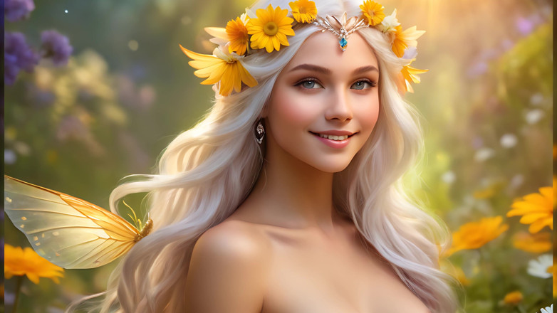 LustRender: Nackte Schönheit hält Daisy mit Sunlit Gold Diamond Schmuck Künstlerische...