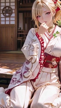 Secretul shrinei fetei blonde kimono! Îngenuncheând sub poarta Torii într-un kimono bej modificat