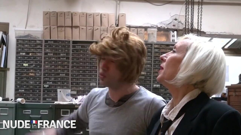 Nude in France: Older blonde slut fucks young guy in woman's wig
