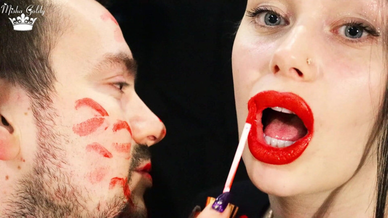 Goddess Misha Goldy: Covering Alex face with red lipsticks kisses