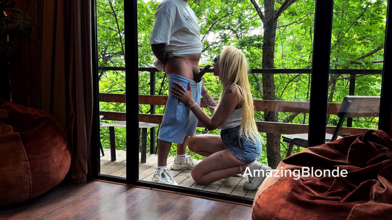 Amazing Blonde: Luxury hotel, wild forest and juicy blowjob by the glass