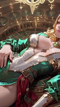 The Golden Queen Arrives! Divine Seduction Under Green-gold Armor, Kneeling and Gazing Back with a Finger to Her Lips.