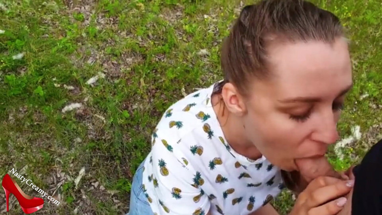 Nasty Creamy: Horny teen sucking dick stranger and oral creampie outside
