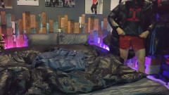 Evilshaman: Cock Rubbing Down Jacket on Shiny Nylon Bed