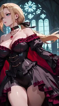 Blonde in a Black Gown Swaying on Red Velvet, Candlelight Gaze and Fan Teasing the Collarbone