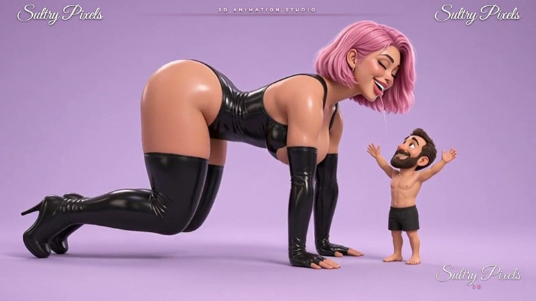 Sultry Pixels 3D: Pink-haired Latex Mistress Crawls Down for a Long Kiss with...