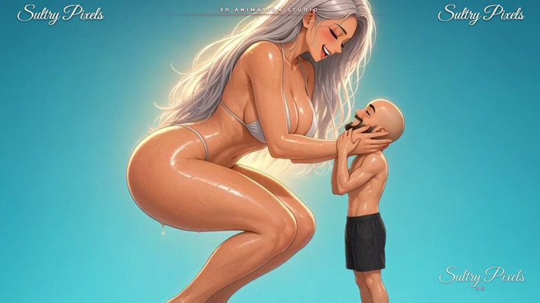 Sultry Pixels 3D: Giant Silver-haired Anime Babe Squats Down to Kiss Her Tiny...