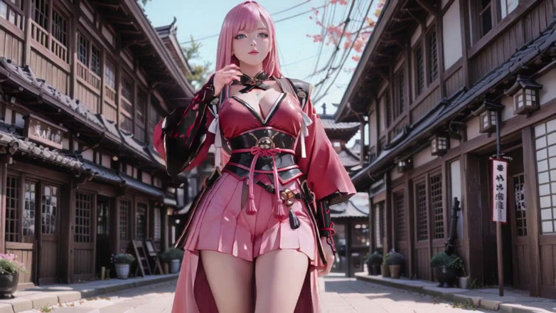Seraphina Vale: Crimson Samurai! Pink-haired Warrior Kneeling on Tatami, High-slit Kimono Slipping...