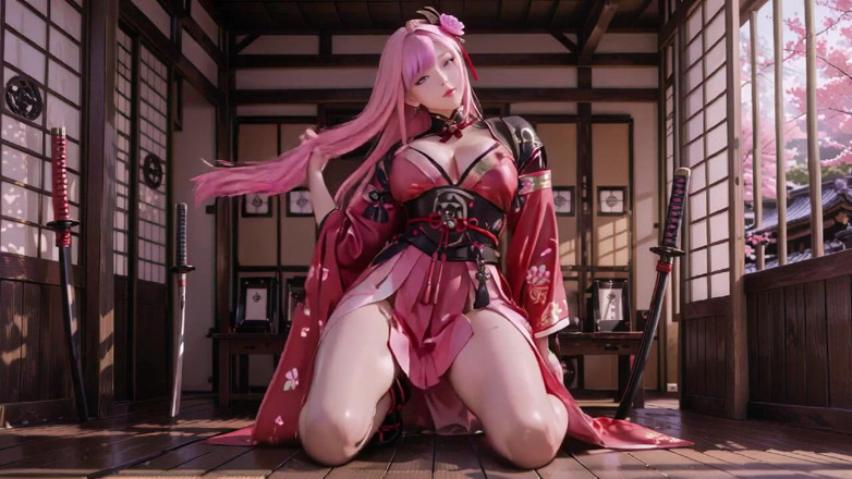 Seraphina Vale: RödbrunA Samurai! Rosahårig krigare Knäböjer på Tatami, Kimono med hög...