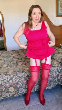 Hot MILF Teasing in Red Stockings and High Heels Shoes