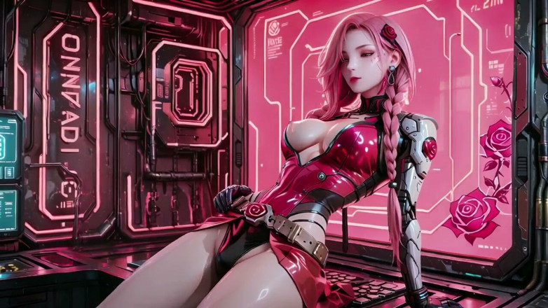 Seraphina Vale: Cyborg Maid de cabelo rosa acorda preguiçosa em cockpit neon