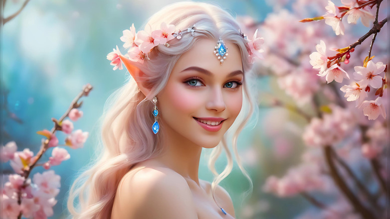 LustRender: Smiling Nude Woman Holding Cherry Blossom, Wearing Opal-pearl White Diamond...