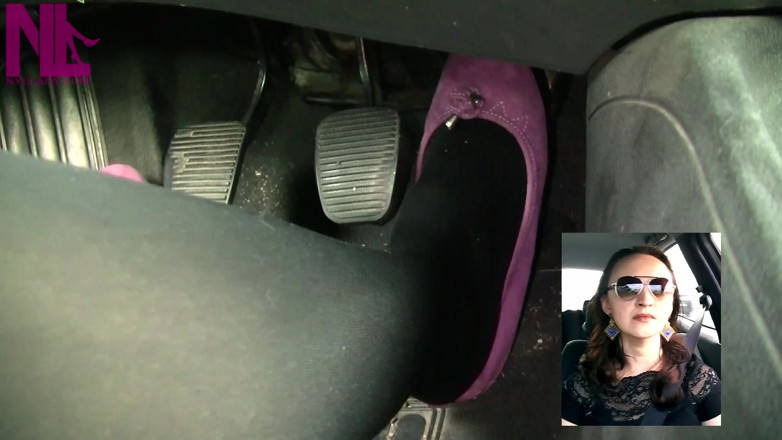 Nyllady: Driving in Black Thick Nylons and Pink Ballet Flats