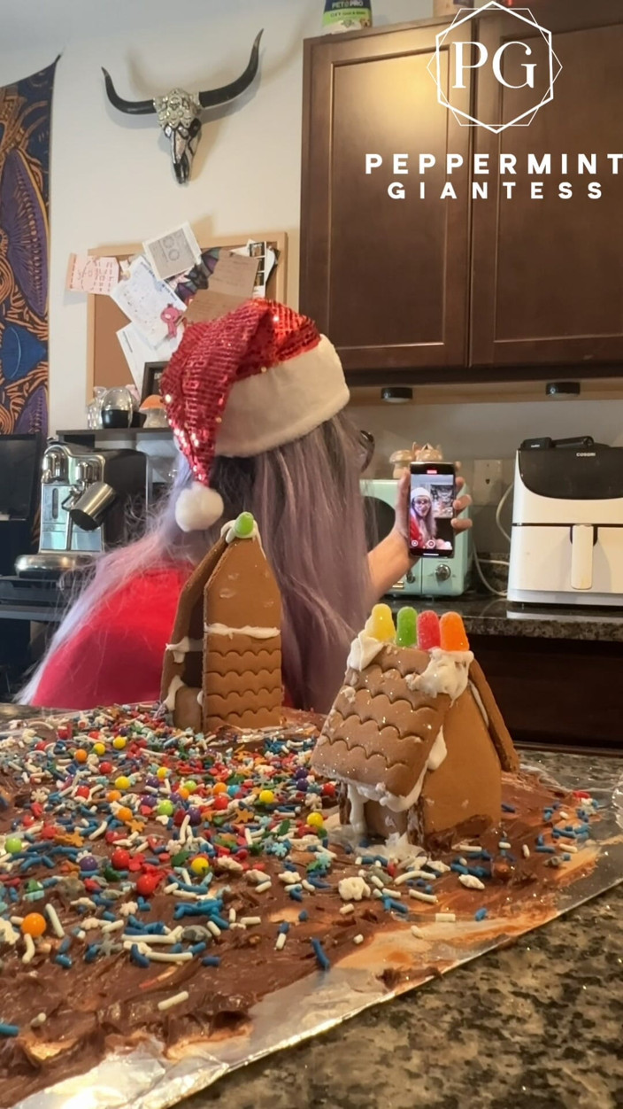 Peppermint Giantess: 73 Giantess in 8-inch Heels Decorates a Gingerbread Village