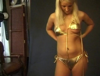 Flash Model Amateurs: Blonde posing in a golden bikini