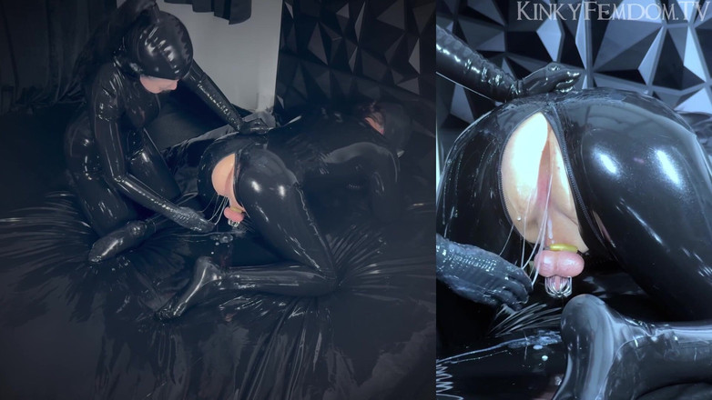 KinkyFemdomTV: ラテックスガスマスク ダブルアナルフィスティング