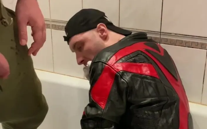 KinkySirius: Big Man in Leather Jacket Pissing on Leather Moto Biker