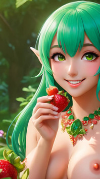 Ai art nuda - stile del fumetto donna adulta nuda che mangia la fragola