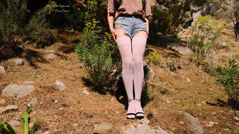 Shiny teens: Shiny tan pantyhose, white stockings and sexy jeans shorts