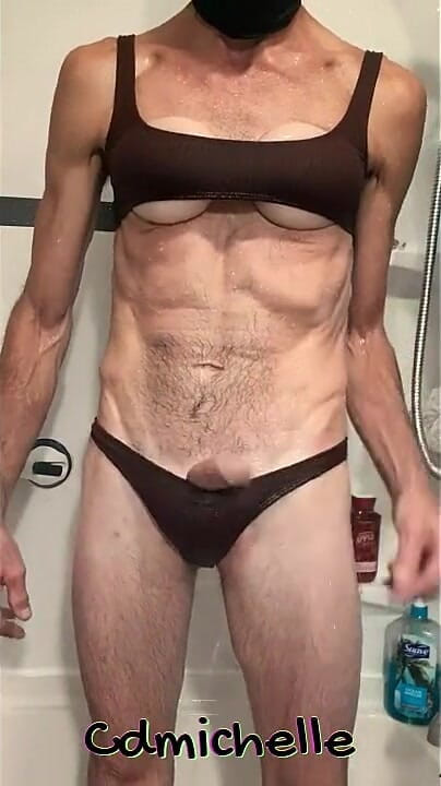 Cdmichelle in the Shower Wearing Sexy Brown Thong Swimsuit (Crossdressers Cd Michelle wearing sexy lingerie)