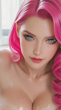 Bela mulher nua com cachos rosa neon dedilhando fundo na costa iluminada pela lua