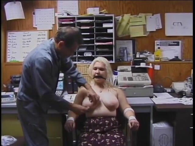 Sex Karma: Blonde bounded to a chair and her tits clipped