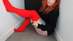 Deanna deadly: Vớ cao đùi đỏ JOI Cableknit socks tôn sùng