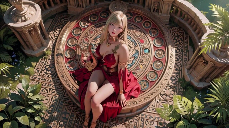 Seraphina Vale: 赤いブロンドの女王!噴水のそばに座り、スリットの入ったドレスを直している。目があなたに釘付けだった。