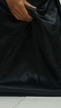 Crossdresser Wearing Satin Black Gown Shiny Slippery Masturbation