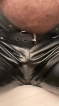 Black Leather Vibrating Toy Cock Fondle & Nipple Play