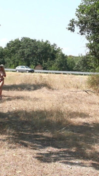 The Littl Tih Girl Shows off Her Tits to the Cars