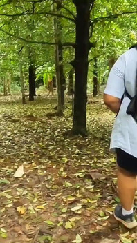 Neformální nahá chůze, baculatá dívka chodí úplně nahá v džungli