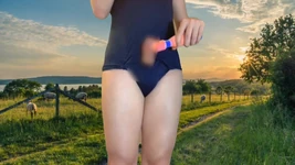 Vibrator Cumshot Cute Ladyboy in Countryside in Open Air Hot Cumming the Best Sex Toy for Ejaculation Big Load Outdoors