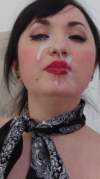 (711) Loads of Lipstick Blowjob and Cum Facial in a Silk Scarf, Rht Stockings, Garter Belt and High Heel Platforms - Dame Olga