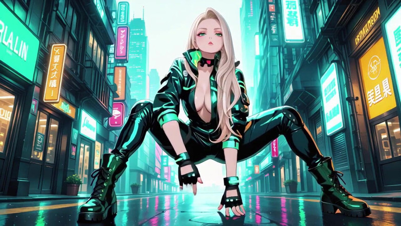 Tay Swift X: Neon regennacht! Blonde agent in nat leren hurkend laag, holografische...