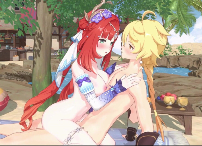 NSFWOtaku: Genshin Impact - Ayaka, Barbara e Nilou's Secret Beach Sex with...