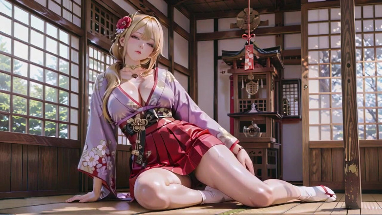 Seraphina Vale: Deusa loira no corredor japonês, olhares preguiçosos, mão nos quadris,...