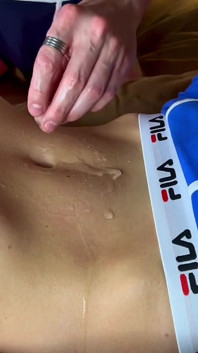 Alex`s Closeup navel play and stretching