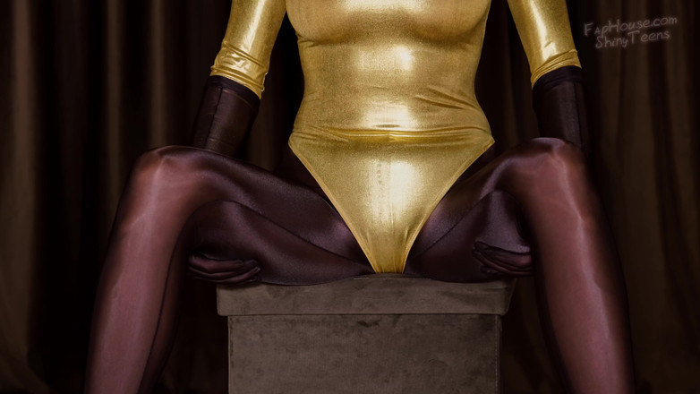 Shiny teens: 870 Glänzend braune spandex-strumpfhosen und gold-trikot