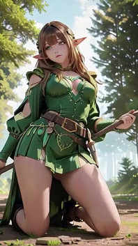 Elf verde în secret pădure! Privire îngenuncheată sub lumina soarelui, o tachinare de vis cu degetele care îi ating buzele