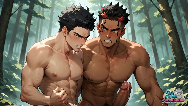 Gay Anime Adventures: 햇볕이 쬐는 숲에서 사정을 보여주는 근육진 남자!