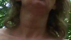 Beautiful blonde cougar with natural tits gets fucked in the woods after the picnic and gets facial with blowjob