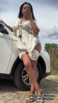 White Dress Tease by the Car Flirty Panty & Bra Reveal with an American MILF