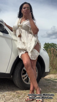 White Dress Tease by the Car Flirty Panty & Bra Reveal with an American MILF