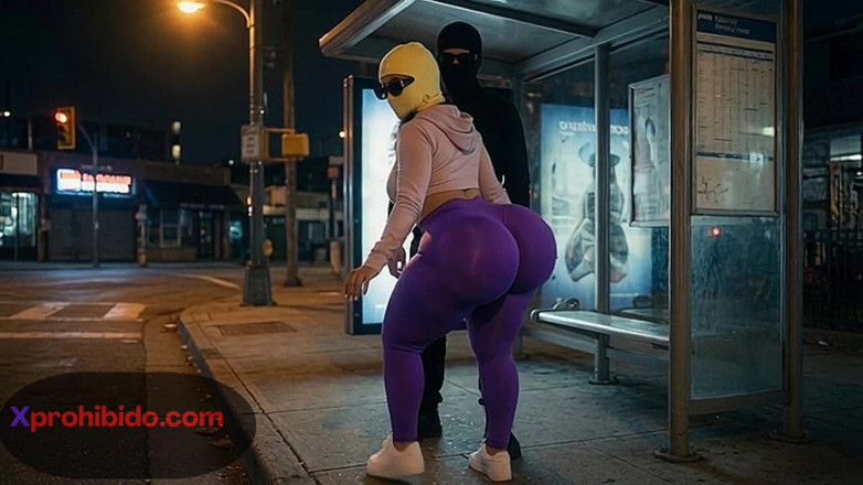 Animate golden: バス停で踊る巨大なお尻のカーヴィーな女性