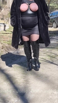 Julie Walking Through a Car Park Wearing Fur Coat, See Her Bound Tits Sticking Out