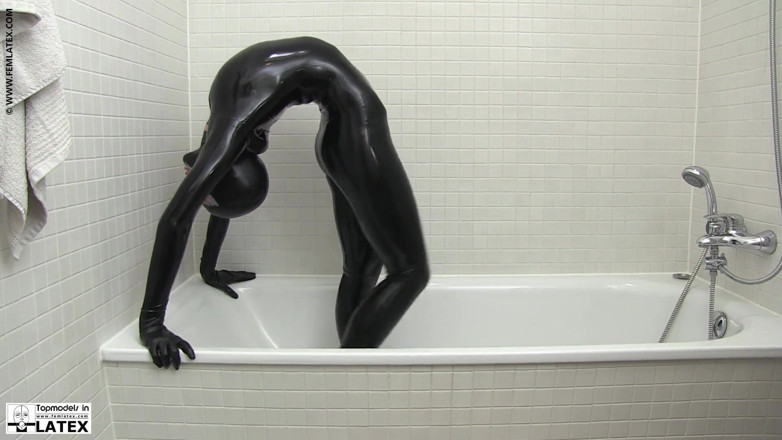 Fem Latex: Traje de gato de cuerpo completo ducharse