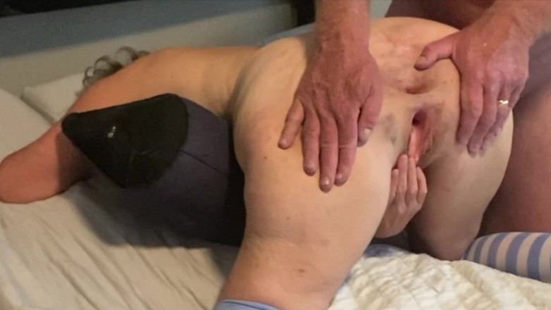 Squirting Senior: Big Ass Mature Wife Bent Over Inflatable Butt Plug Inserted