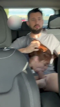 Couple Fucks in Uber Car During Traffic - Redhead Swallows Cum and Lets It Drip Out of Mouth