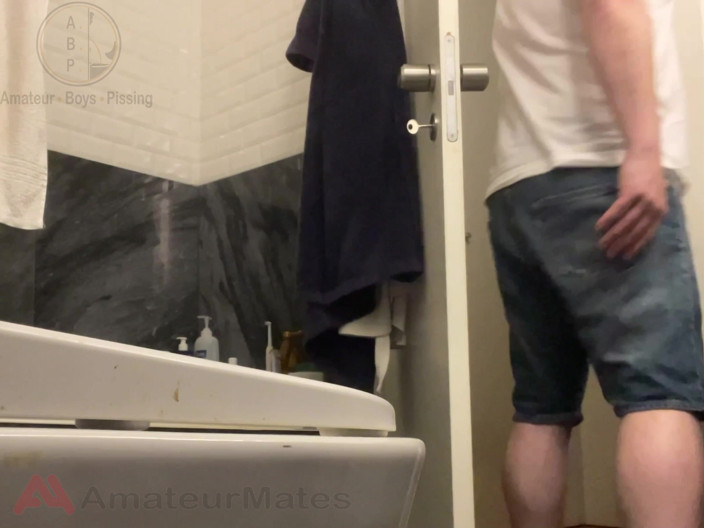 AmateurBoysPissing: Amateur Straight Boy in Jeans Shorts with Big Hanging Balls...